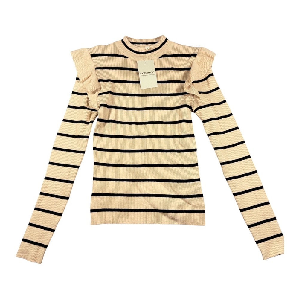ee:some Ruffle Shoulder Striped Ribbed Top Womens Medium Beige Black Mock Neck